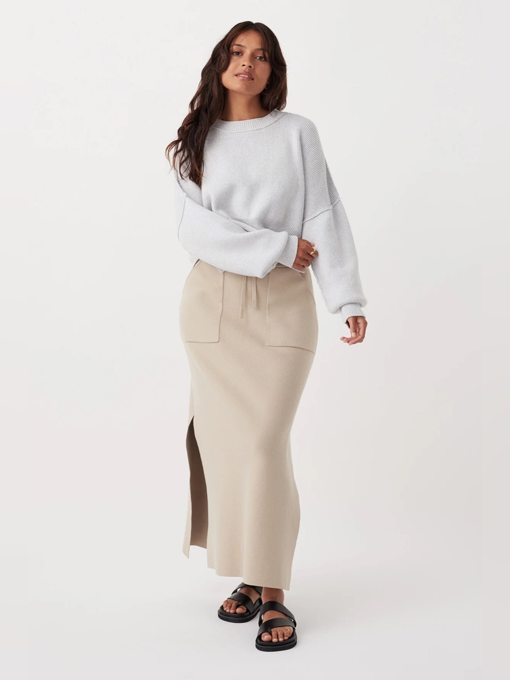ARCAA Organic Cotton Beige Maxi Knit Skirt with Side Slits - Women